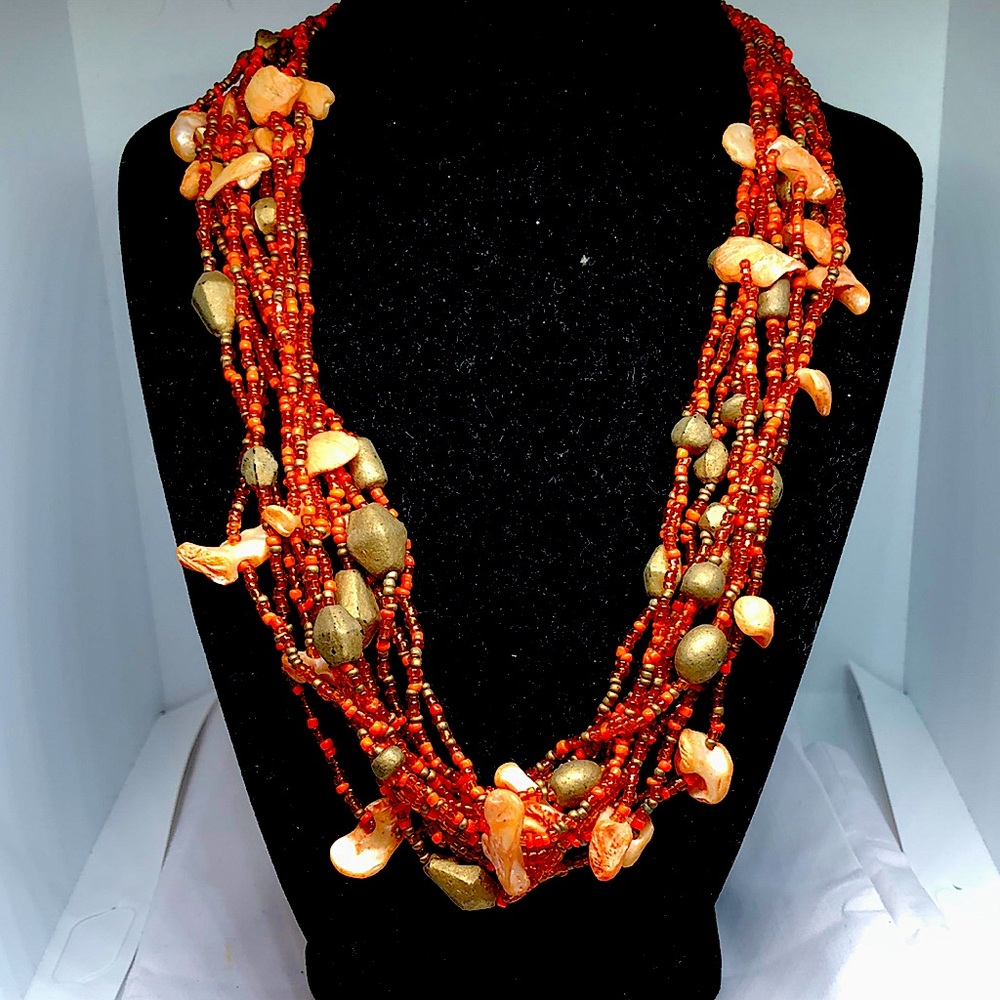 Orange Beaded And Shell Multi Strand Necklace - image 1